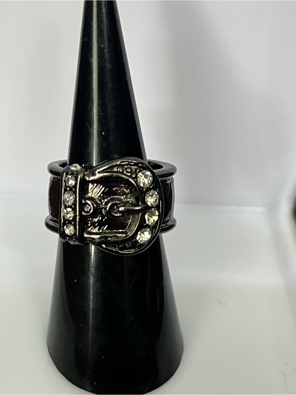 Women's Black Buckle Ring with Crystal Accents